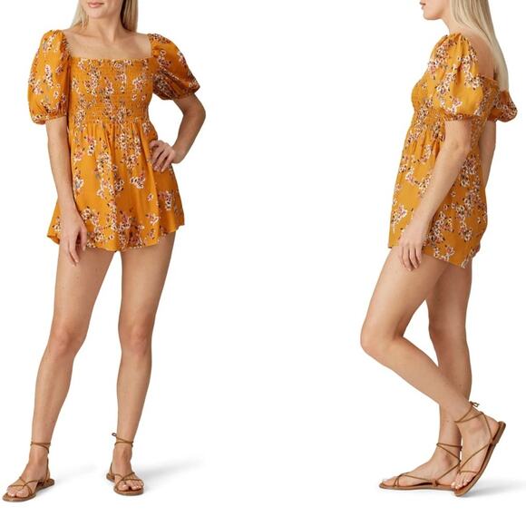 RTR Flynn Skye Justine Mustard Yellow Floral Puff Sleeve Romper Sz M‎ NEW - Picture 1 of 11